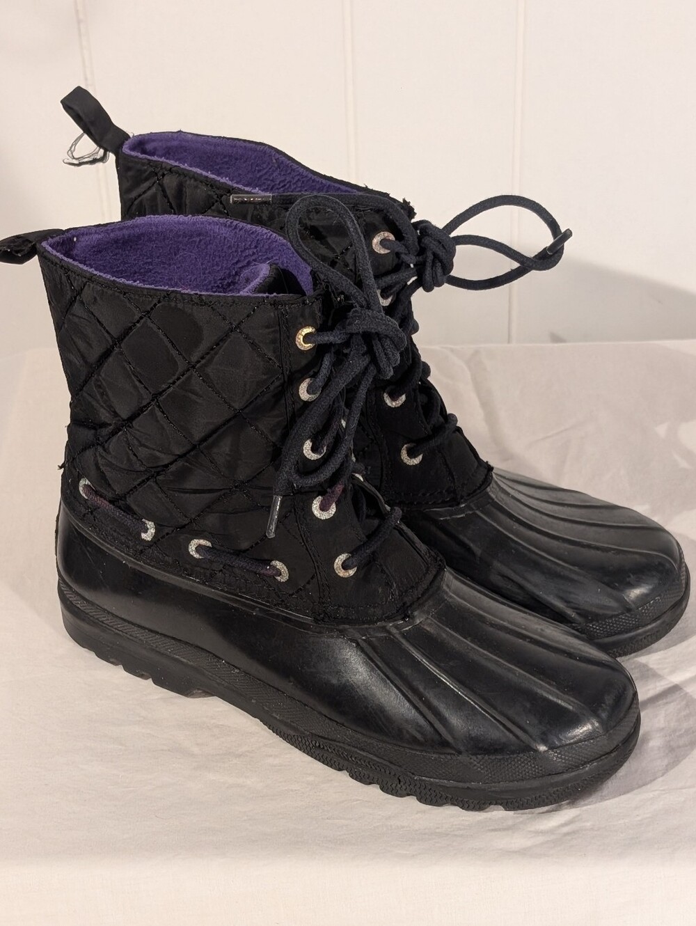 Sperry Black Quilted Duck Boots with Purple Lining